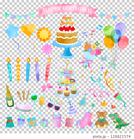 生日派對插圖集，手繪水彩風格 128821574