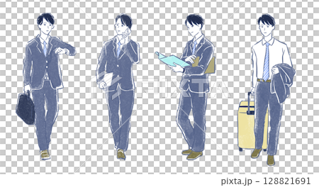 Full body illustration set of a man wearing a business suit 128821691