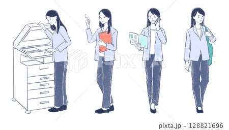 ビジネススーツを着ている女性の全身イラストセット 128821696