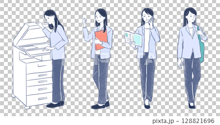 ビジネススーツを着ている女性の全身イラストセット 128821696