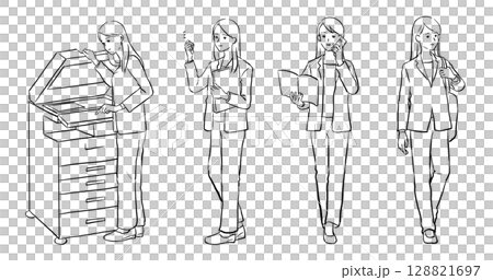 Full body illustration set of a woman wearing a business suit 128821697