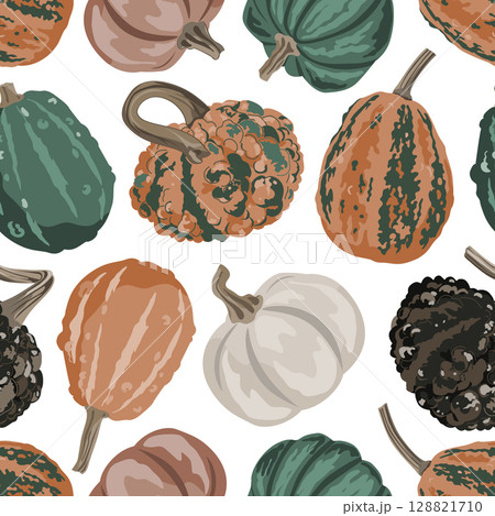 Cozy small gourds seamless pattern. Pumpkins autumn background. Vector squash illustration 128821710