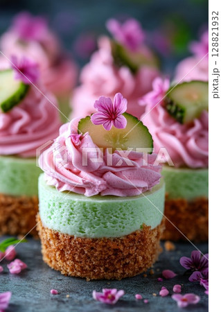 Mousse mini-cakes with piped berry pink cream and edible flower decor, elegant choice for gourmet catering or wedding desserts. 128821932