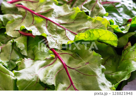 juicy fresh green beet leaves with bright red stems in selective focus, healthy food with vitamins and antioxidants, ingredient for smoothies and healthy eating 128821948