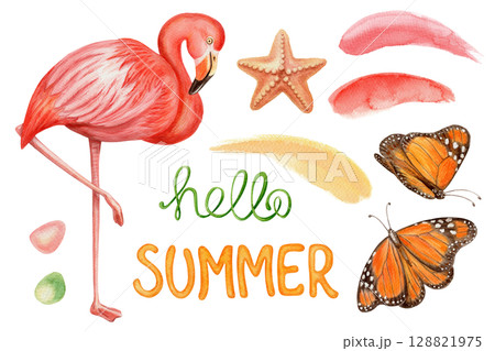 Watercolor set with flamingo, butterfly, starfish and hello summer quote in bright tropical palette. Hand drawn illustration for beach greeting card vacation template and cheerful seasonal art design. Watercolor set with flamingo, butterfly, starfish and hello summer quote in bright tropical palette. Hand drawn illustration for beach greeting card vacation template and cheerful seasonal art design. 128821975