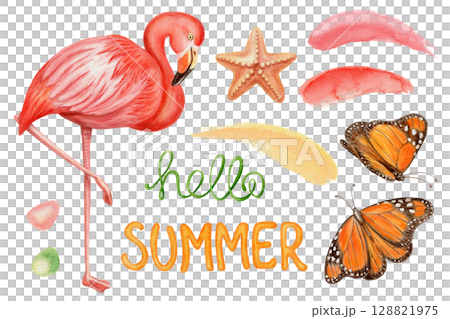 Watercolor set with flamingo, butterfly, starfish and hello summer quote in bright tropical palette. Hand drawn illustration for beach greeting card vacation template and cheerful seasonal art design. Watercolor set with flamingo, butterfly, starfish and hello summer quote in bright tropical palette. Hand drawn illustration for beach greeting card vacation template and cheerful seasonal art design. 128821975