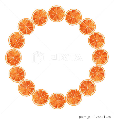 Round wreath of juicy orange slice in hand drawn watercolor style. A bright and vibrant circular frame perfect for summer themed card, template, food presentation, and tropical holiday designs. 128821980