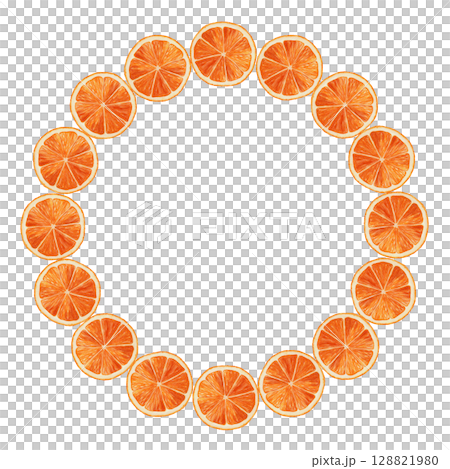 Round wreath of juicy orange slice in hand drawn watercolor style. A bright and vibrant circular frame perfect for summer themed card, template, food presentation, and tropical holiday designs. 128821980