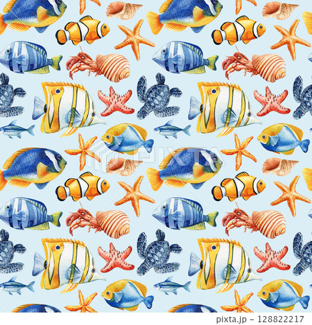 Colorful watercolor seamless pattern with tropical fish sea turtles hermit crab starfish and shells ocean marine theme Colorful watercolor seamless pattern with tropical fish sea turtles hermit crab starfish and shells ocean marine theme 128822217