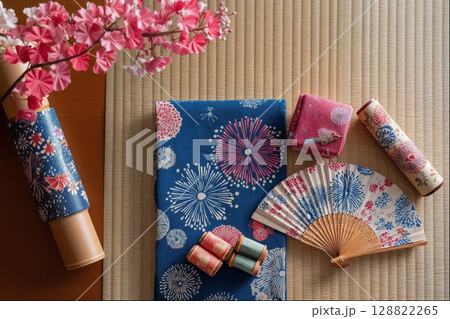 和柄の布と扇子(日本文化・伝統・コピースペース・壁紙) 和柄の布と扇子(日本文化・伝統・コピースペース・壁紙) 128822265
