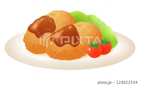 ソースがかかったコロッケとサラダとトマトのイラスト ソースがかかったコロッケとサラダとトマトのイラスト 128822534