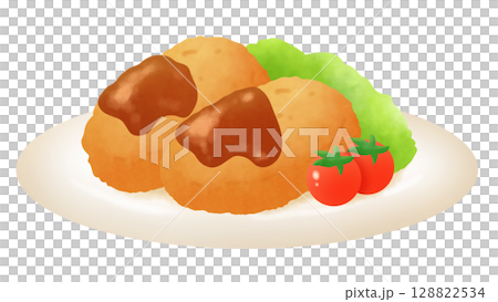 ソースがかかったコロッケとサラダとトマトのイラスト ソースがかかったコロッケとサラダとトマトのイラスト 128822534