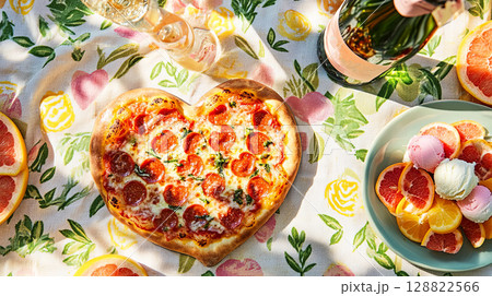 Heart-shaped delight with pepperoni and fresh herbs, this pizza is set on a floral backdrop Heart-shaped delight with pepperoni and fresh herbs, this pizza is set on a floral backdrop 128822566