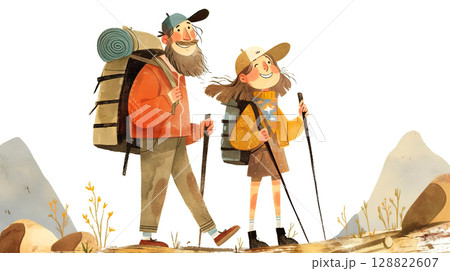 Adventure awaits in this charming illustration of two hikers, joyfully trekking through nature 128822607