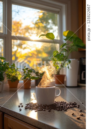 White coffee cup and roasted beans by a sunlit window, surrounded by green plants for calm, homey, and tranquil breakfast compositions. 128822667