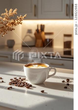 Elegant cup of coffee with aromatic beans on a modern kitchen counter, bright morning sunlight and soft shadows for lifestyle or food imagery. 128822668
