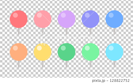 パステルカラーの丸い押しピン・画鋲･まち針のアイコンセット - 目印やマーカーのかわいいイラスト 128822752