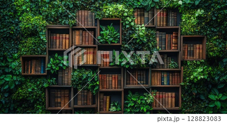 Square shelving filled with books and abundant plants, forming a living wall feature ideal for nature-inspired interiors or creative workspace design. 128823083