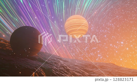 A cosmic ballet of planets and moons in orbit around a giant star, bathed in colorful starlight. . 128823171
