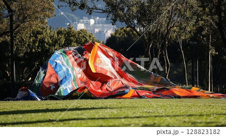 Ripped banners after political rally in park . 128823182