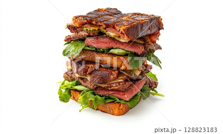 Club sandwich stacked with layers of meat and lettuce isolated on white background . 128823183