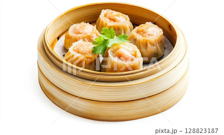 Dim sum in bamboo steamer isolated on white background . Dim sum in bamboo steamer isolated on white background . 128823187