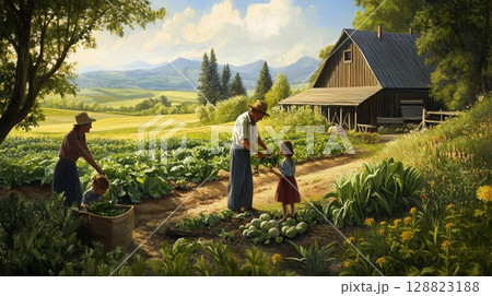 A family picking fresh vegetables from a garden, with a wooden farmhouse and green fields in the background. . A family picking fresh vegetables from a garden, with a wooden farmhouse and green fields in the background. . 128823188