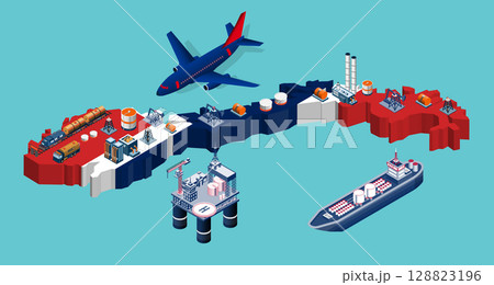 Norway oil and gas industry concept with Offshore crude extraction, transportation, refinery plant, fuel tanker ship rail tanks. Norway oil and gas industry concept with Offshore crude extraction, transportation, refinery plant, fuel tanker ship rail tanks. 128823196