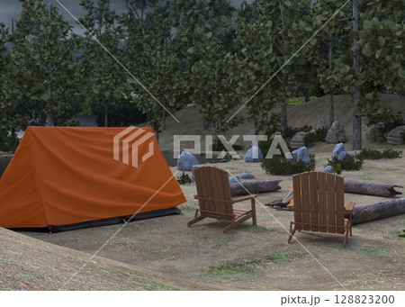 3D Camping Scene with Tent in Forest 128823200