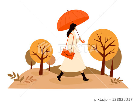 Woman in coat and boots walking with umbrella in autumn park. Fall time. Autumnal landscape with trees. Vector illustration. Not AI 128823317