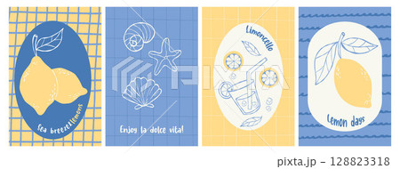 Mediterranean Posters set. Retro summer lemon, limoncello cocktail and seashells. la dolce vita aesthetic Hand drawing. Isolated Vintage vertical yellow blue cards. Vector illustration. Not AI 128823318