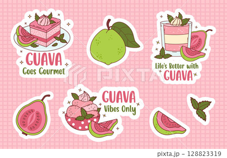 Guava Creamy sweet dessert stickers with quotes. Cake, mousse, popsicle and ice cream with Mint leaves and tropical Pink fruit slices. Vector Illustration. Isolated Exotic food On Checkered Background 128823319