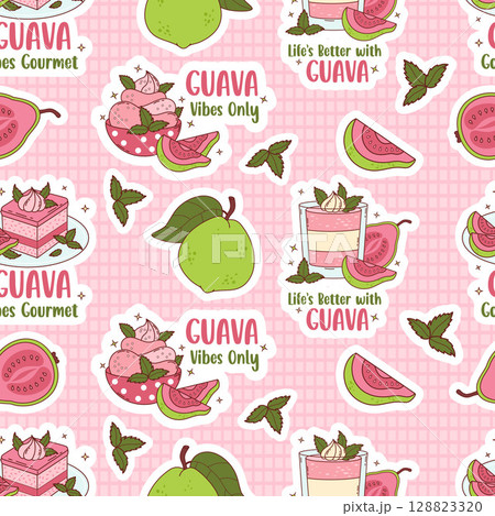 Seamless Pattern. Guava sweet dessert on Pink checkered Background with tropical Fruit and Mint leaves. Summer Exotic Creamy food with cool quote. Vector illustration 128823320