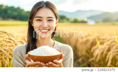 笑顔でお米を持っている若い女性 128823375