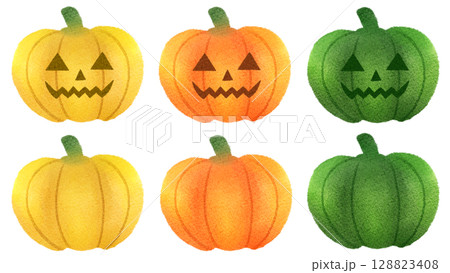 水彩風のハロウィンイメ―ジかぼちゃのイラストセット 128823408