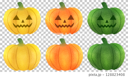 水彩風のハロウィンイメ―ジかぼちゃのイラストセット 128823408
