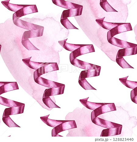 Tender ribbon pastel  seamless watercolor pattern, hand drawn, paper print, ideal for textile, pink colors. 128823440