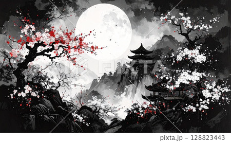 満月に照らされた梅と寺院の幻想的な水墨風アート 満月に照らされた梅と寺院の幻想的な水墨風アート 128823443