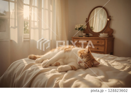A fluffy ginger and white feline enjoys a peaceful slumber on a comfortable bed. Warm light, soft shadows, and hints of bedroom furniture create a cozy and relaxing atmosphere. A fluffy ginger and white feline enjoys a peaceful slumber on a comfortable bed. Warm light, soft shadows, and hints of bedroom furniture create a cozy and relaxing atmosphere. 128823602