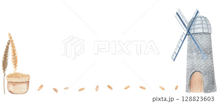 A windmill, wheat stalks, a sack of grain, and scattered wheat kernels watercolor horizontal banner isolated on white background. Hand painted perfect for agricultural, bakery, and organic food themes A windmill, wheat stalks, a sack of grain, and scattered wheat kernels watercolor horizontal banner isolated on white background. Hand painted perfect for agricultural, bakery, and organic food themes 128823603