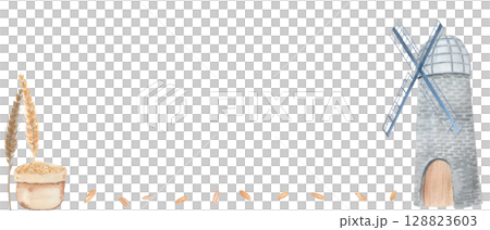 A windmill, wheat stalks, a sack of grain, and scattered wheat kernels watercolor horizontal banner isolated on white background. Hand painted perfect for agricultural, bakery, and organic food themes A windmill, wheat stalks, a sack of grain, and scattered wheat kernels watercolor horizontal banner isolated on white background. Hand painted perfect for agricultural, bakery, and organic food themes 128823603