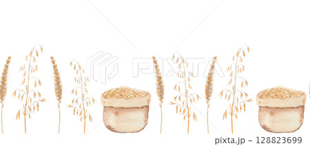 Wheat stalks, oat stems, and grain sacks seamless watercolor border isolated on a white background. Hand painted perfect for agricultural, bakery, organic food, packaging, and eco-themed projects Wheat stalks, oat stems, and grain sacks seamless watercolor border isolated on a white background. Hand painted perfect for agricultural, bakery, organic food, packaging, and eco-themed projects 128823699