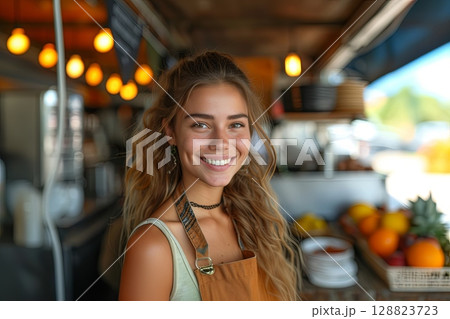 Vibrant Market Scene With Smiling Female Vendor And Fresh Produce 128823723