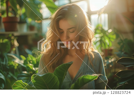 Smiling Woman Surrounded By Lush Green Houseplants 128823724