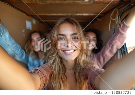 Cheerful Woman Taking a Selfie with Friends in a Moving Truck 128823725
