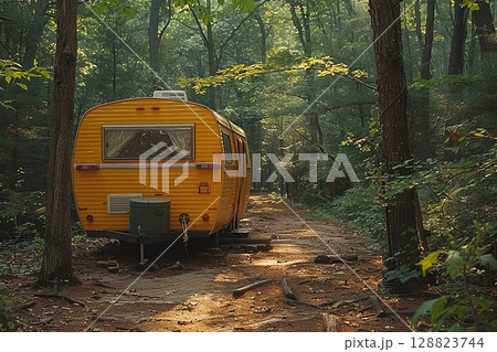 Yellow Pickup Truck Driving on Rural Road 128823744