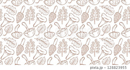 Seamless pattern of line art style mushroom and leaf on white background. Natural forest botanical design for autumn seasonal theme and culinary decoration. 128823955