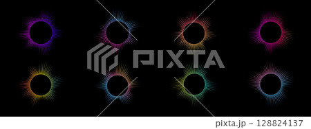 A set of multicolor equalizers made of burst beams . Radial sound, neon sound waves. Music symbol, circular sound waves, digital communication. Vector radial spectrum on black background . 128824137