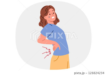 Woman suffers from pain in spine and needs massage or warming ointment to combat radiculitis Woman suffers from pain in spine and needs massage or warming ointment to combat radiculitis 128824234