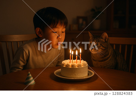 誕生日を祝う男の子と猫 写真風 リアル AI生成画像 128824383